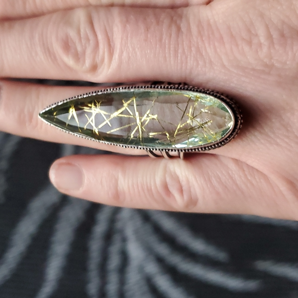 New Oversized Golden Rutile 925 Silver Ring.